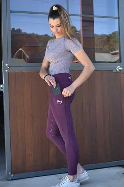 horse riding tights double pocket full stick grape left side insert phone in pocket performa ride