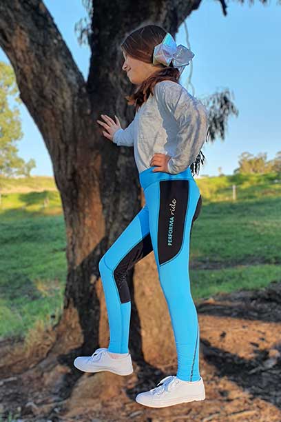 contrast seat thermal riding tights blue left side tree performa ride