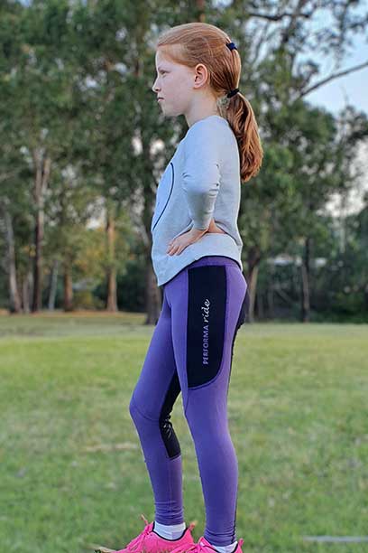contrast seat thermal riding tights youth purple left side performa ride