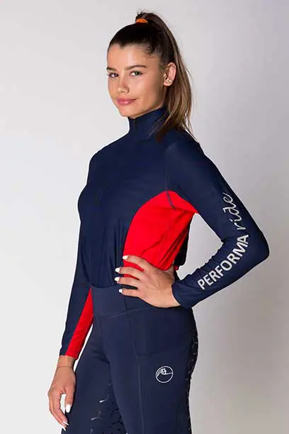 equestrian technical shirt red navy front left b performa ride