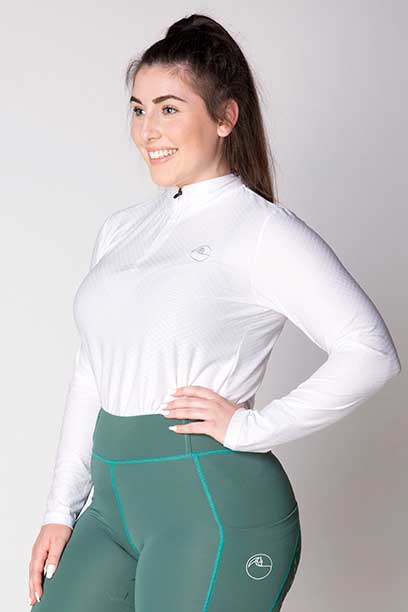 equestrian white glacier long sleeve baselayer top left side a performa ride