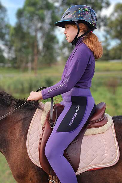 kids equestrian top chill base layer purple left side horse performa ride