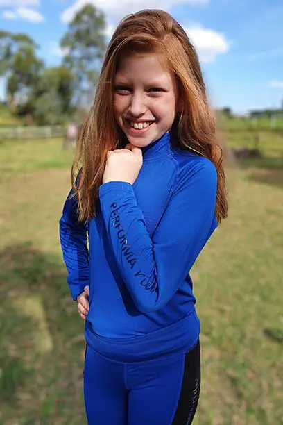 kids equestrian top chill base layer royal blue front performa ride