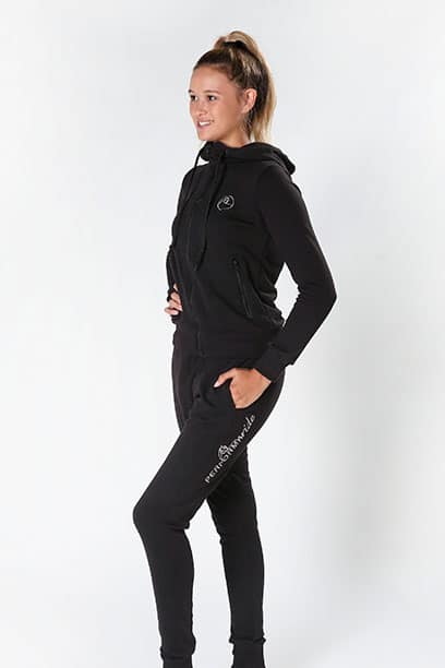 fleece tracksuit pants and hoodie black left front performa ride