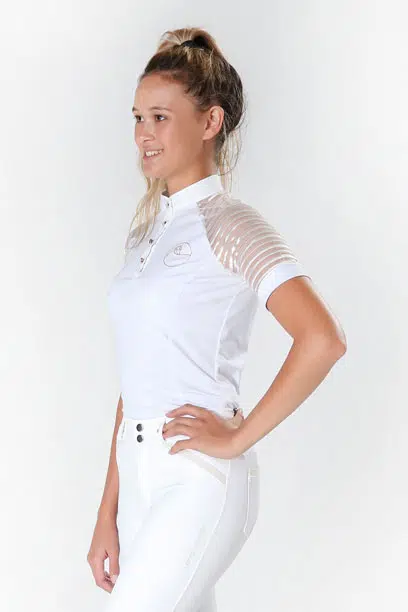 lace sleeve equestrian show shirt and breeches white front left performa ride