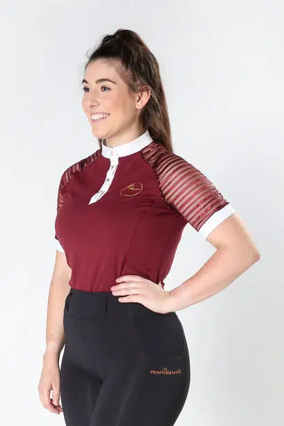 lace sleeve equestrian show shirt burgundy front left performa ride