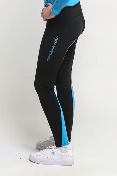 youth thermal colour block riding tights black aqua left side performa ride