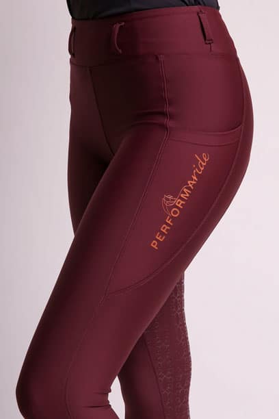 evolve riding tights burgundy left close performa ride